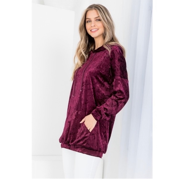 New! Velvet Soft Burgundy Plum Hoodie Kangaroo Pocket Pullover Sweater Top - Picture 4 of 9
